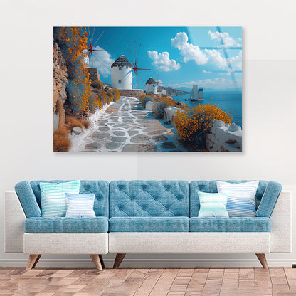 Path with a Boat & Buildings in Greece Acrylic Glass Print Tempered Glass Wall Art 100% Made in Australia Ready to Hang