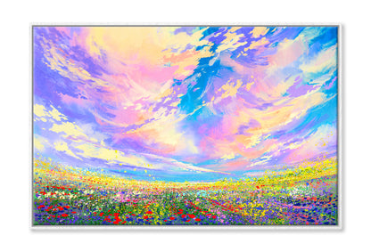 Colorful Flowers In Field Under Beautiful Clouds Oil Painting Wall Art Limited Edition High Quality Print Canvas Box Framed White