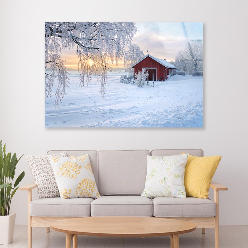 Winter View Of a Red Barn at Sunset in Rusko, Finland Acrylic Glass Print Tempered Glass Wall Art 100% Made in Australia Ready to Hang