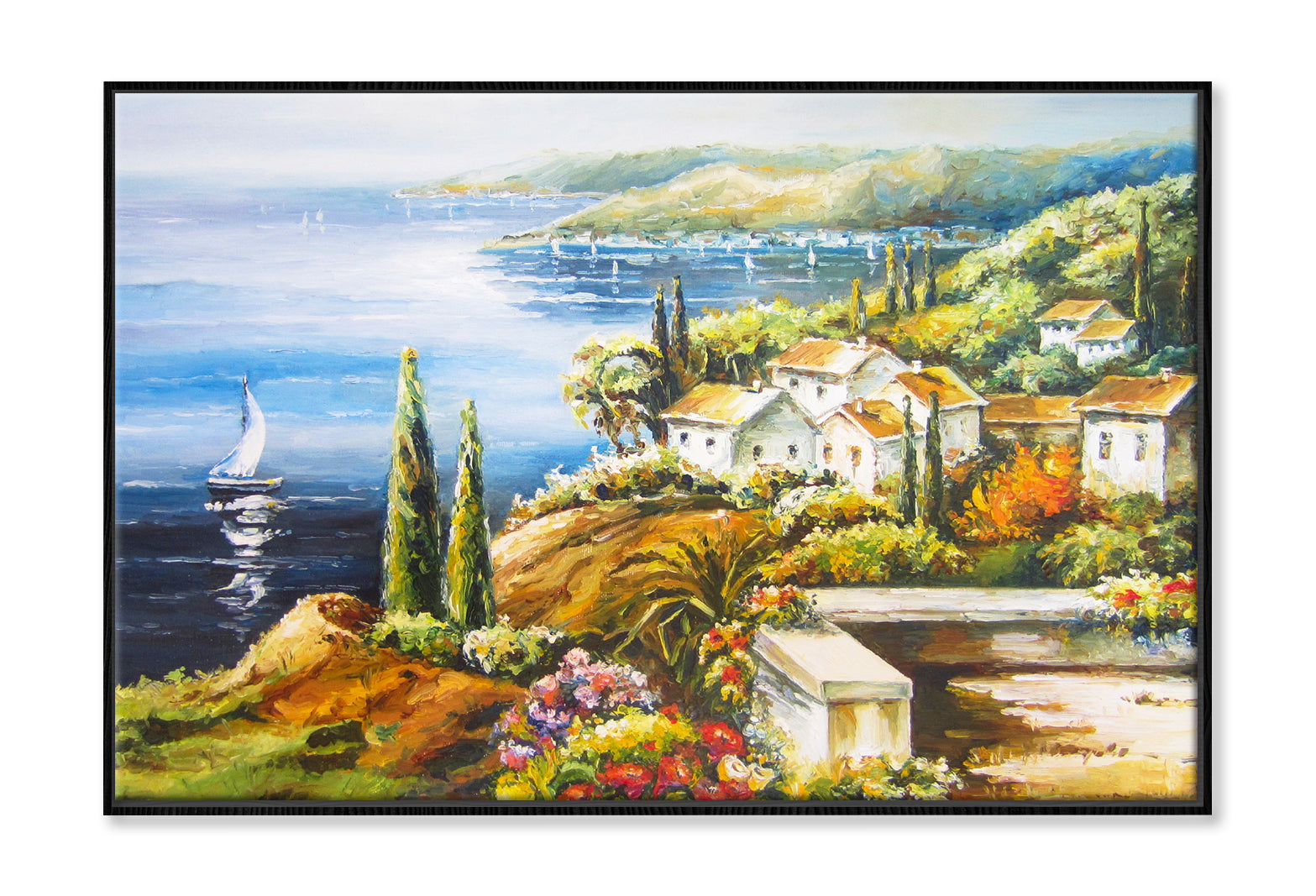 Sailing Boat on Sea Coast near Village Houses Painting Wall Art Limited Edition High Quality Print Canvas Box Framed Black