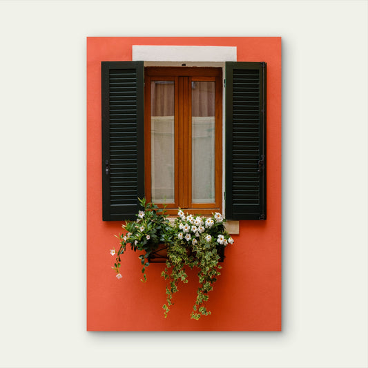Red Wall Window Flower Box 60x90cm Metal Print Ready to Hang - Bella Home Decor