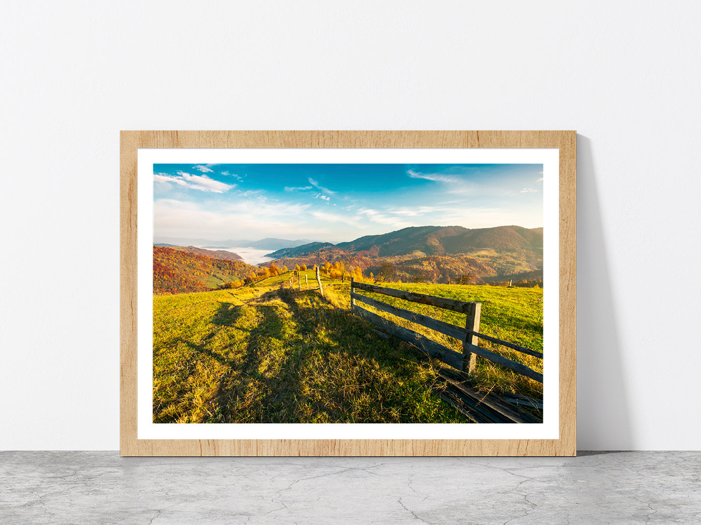 Countryside Foggy Autumn Sunrise Glass Framed Wall Art, Ready to Hang Quality Print With White Border Oak