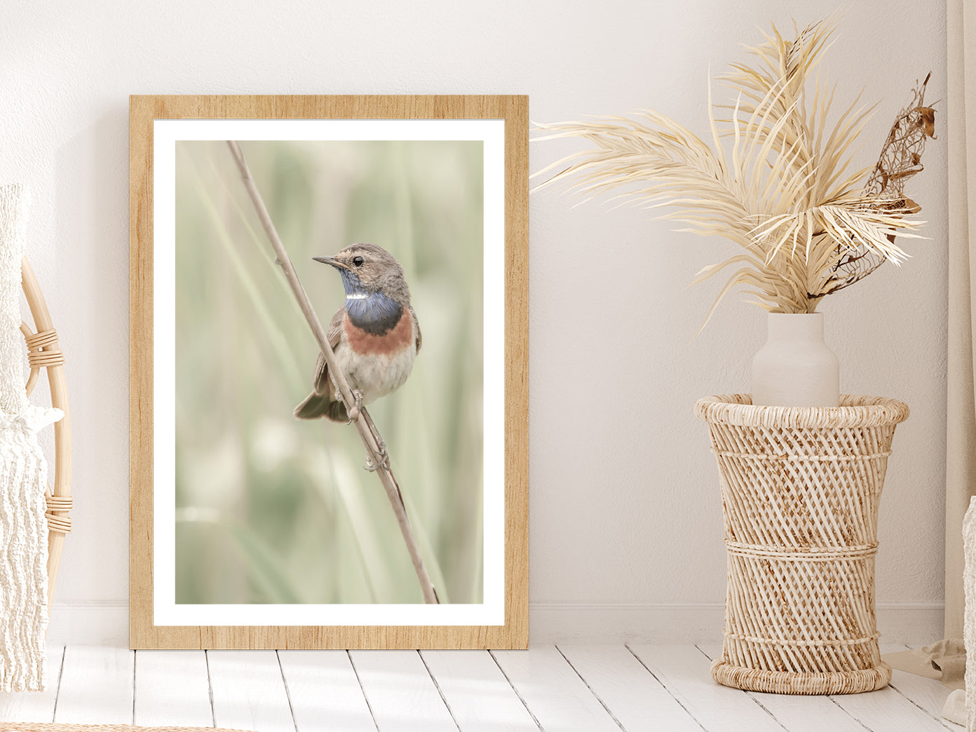 Bluethroat Bird on Branch Photograph Glass Framed Wall Art, Ready to Hang Quality Print With White Border Oak