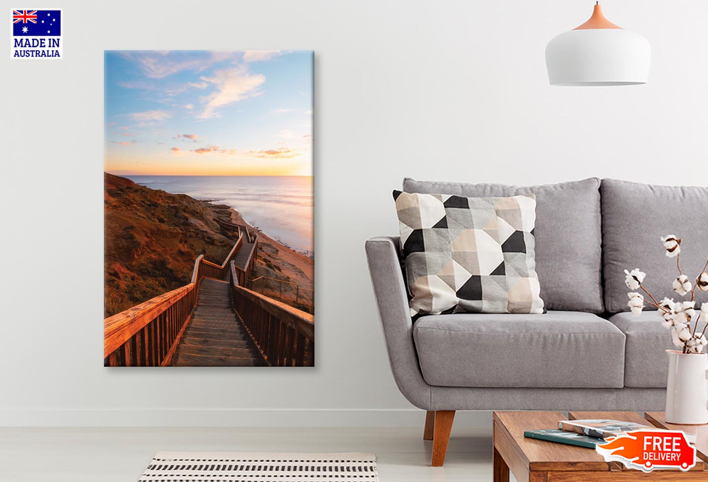 Stair Walkway Along the Coastline with Sunset View at Port Noarlunga, South Australia Wall Art Decor 100% Australian Made