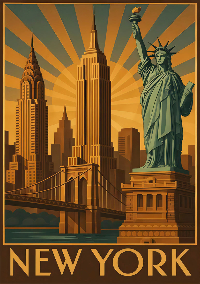 New York City Skyline Statue of Liberty & Iconic Buildings Travel Poster Print Wall Art