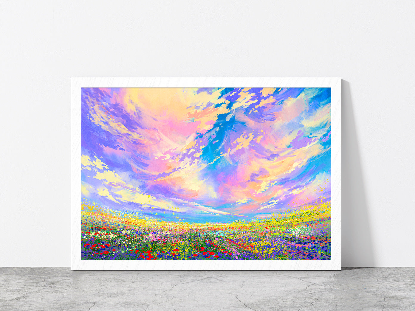 Colorful Flowers In Field Under Beautiful Clouds Glass Framed Wall Art, Ready to Hang Quality Print Without White Border White