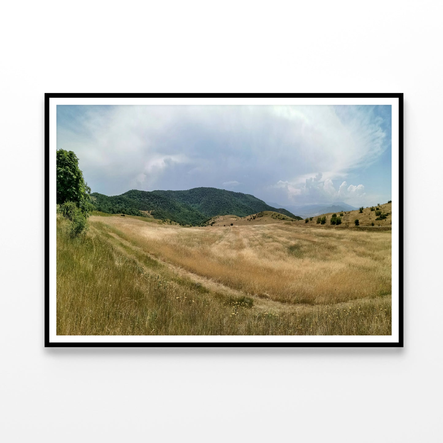 View Of a Grassy Field with Hills, Clear Sky & Clouds Home Decor Premium Quality Poster Print Choose Your Sizes