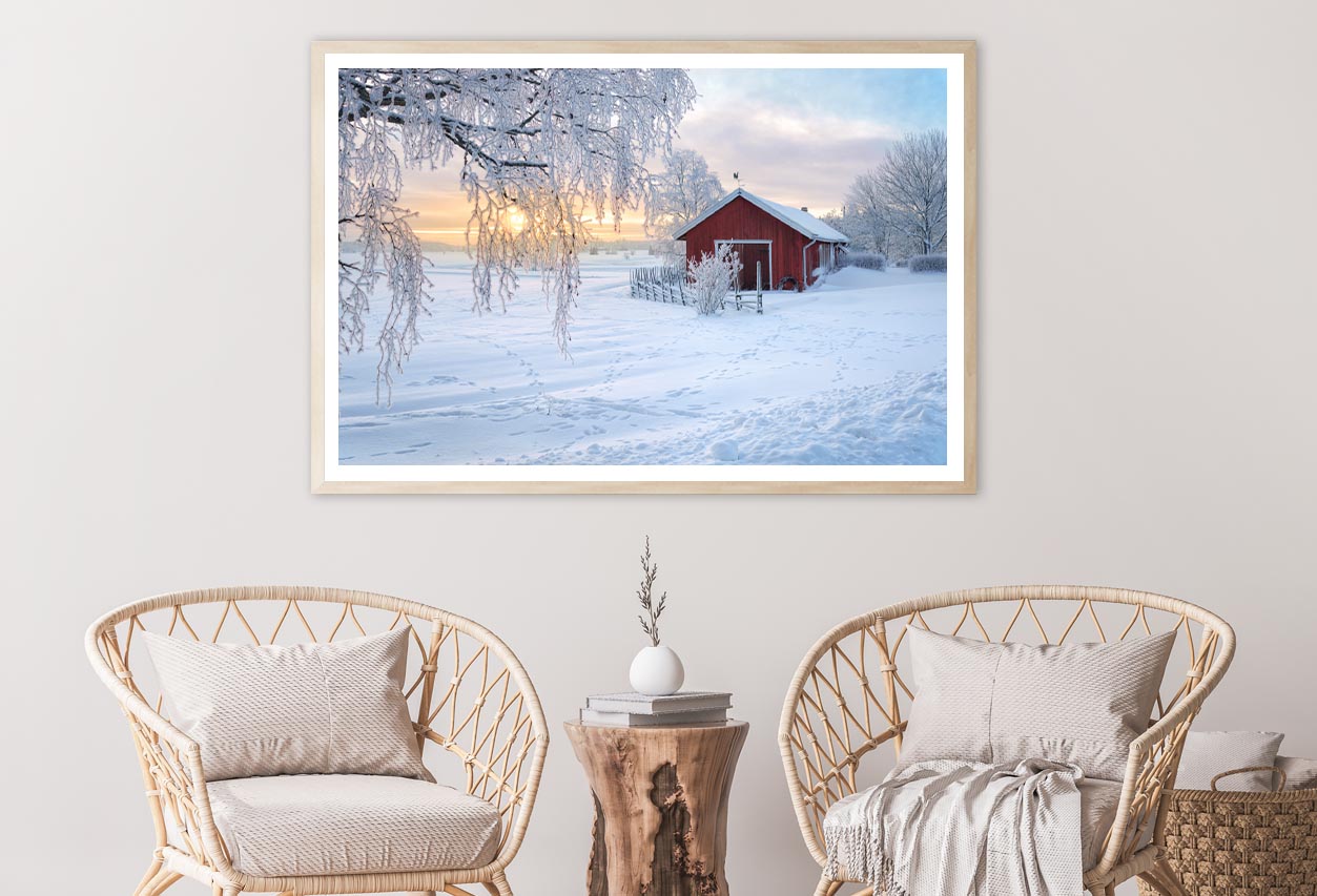 Winter View Of a Red Barn at Sunset in Rusko, Finland Home Decor Premium Quality Poster Print Choose Your Sizes