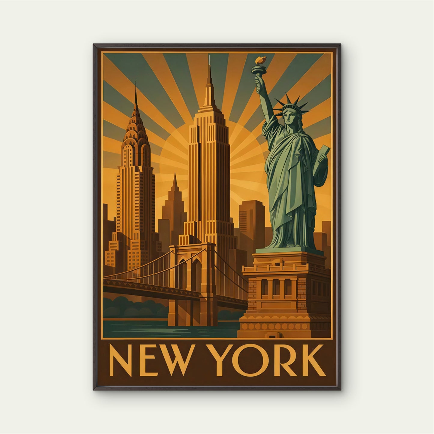 New York City Skyline Statue of Liberty & Iconic Buildings Travel Poster Print Wall Art