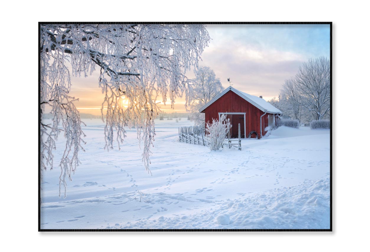 Winter View Of a Red Barn at Sunset in Rusko, Finland Home Decor Premium Quality Poster Print Choose Your Sizes