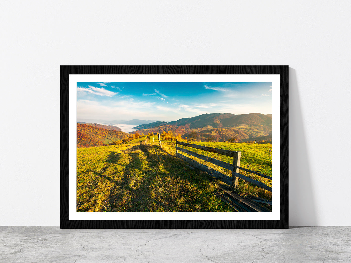 Countryside Foggy Autumn Sunrise Glass Framed Wall Art, Ready to Hang Quality Print With White Border Black
