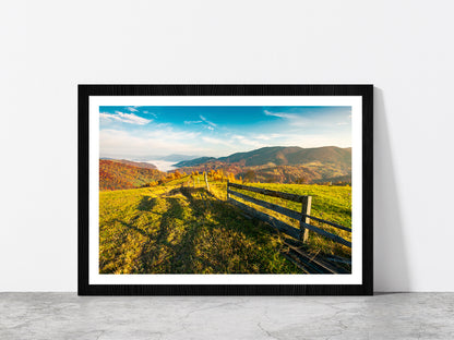 Countryside Foggy Autumn Sunrise Glass Framed Wall Art, Ready to Hang Quality Print With White Border Black