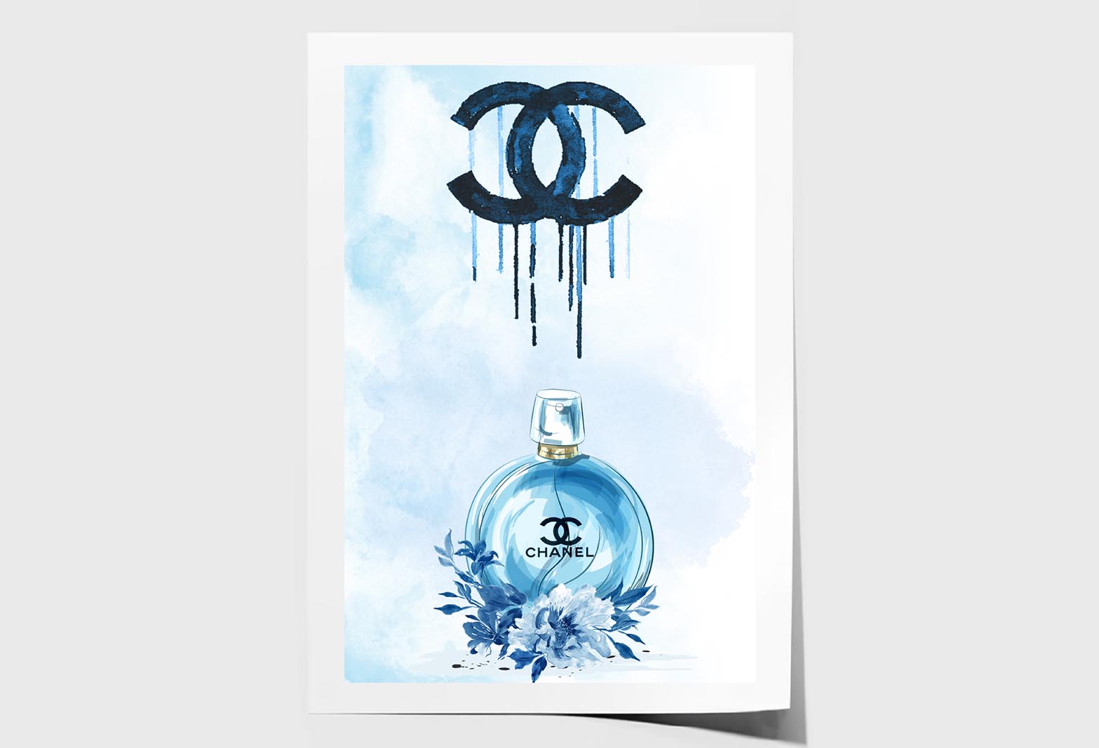 Luxury Blue Colored Perfume with Flowers Wall Art Limited Edition High Quality Print Unframed Roll Canvas None