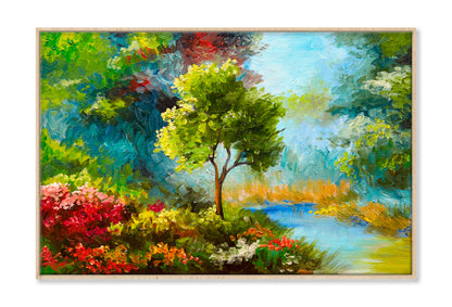 Flowers & Trees Near The River, Sunset Oil Painting Limited Edition High Quality Print Canvas Box Framed Natural