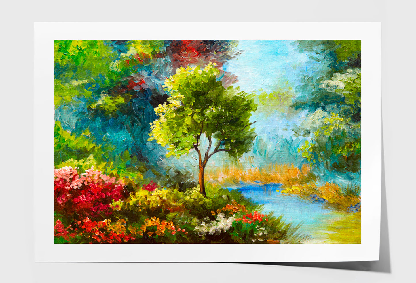 Flowers & Trees Near The River, Sunset Oil Painting Limited Edition High Quality Print Unframed Roll Canvas None