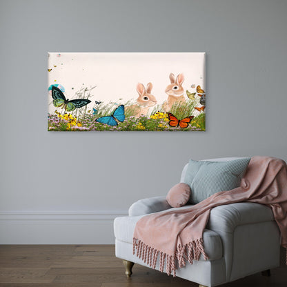 Cute Garden Bunnies Wildlife Wall Art Canvas Office Home Room Framed 120x60cm