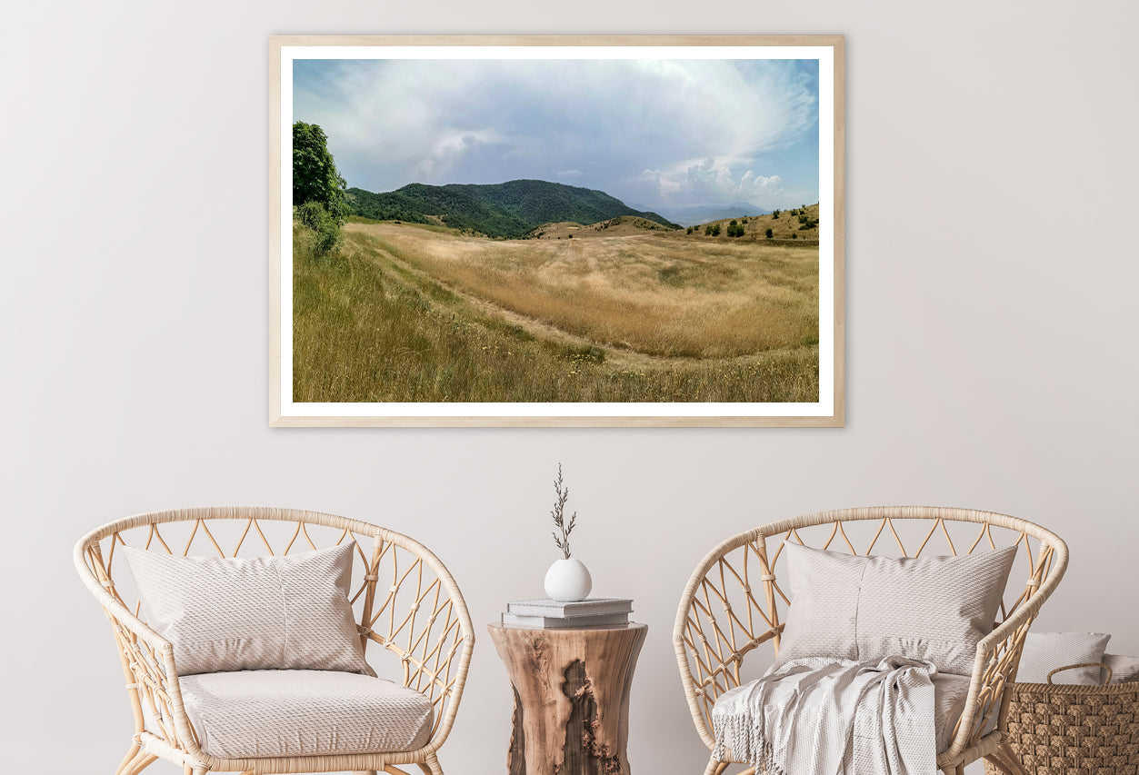 View Of a Grassy Field with Hills, Clear Sky & Clouds Home Decor Premium Quality Poster Print Choose Your Sizes