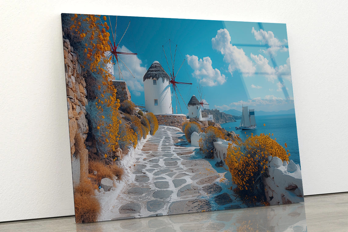 Path with a Boat & Buildings in Greece Acrylic Glass Print Tempered Glass Wall Art 100% Made in Australia Ready to Hang