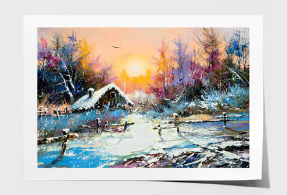 Rural Winter & Sunrise Landscape Painting Wall Art Limited Edition High Quality Print Unframed Roll Canvas None