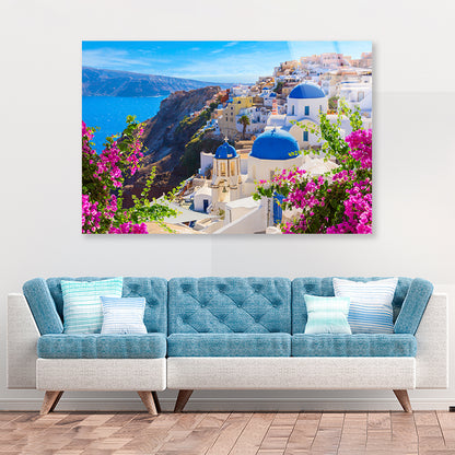 Buildings of Oia Town and Flowers Acrylic Glass Print Tempered Glass Wall Art 100% Made in Australia Ready to Hang