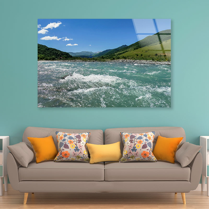 A River Flowing Through Green Hills with Mountains Acrylic Glass Print Tempered Glass Wall Art 100% Made in Australia Ready to Hang