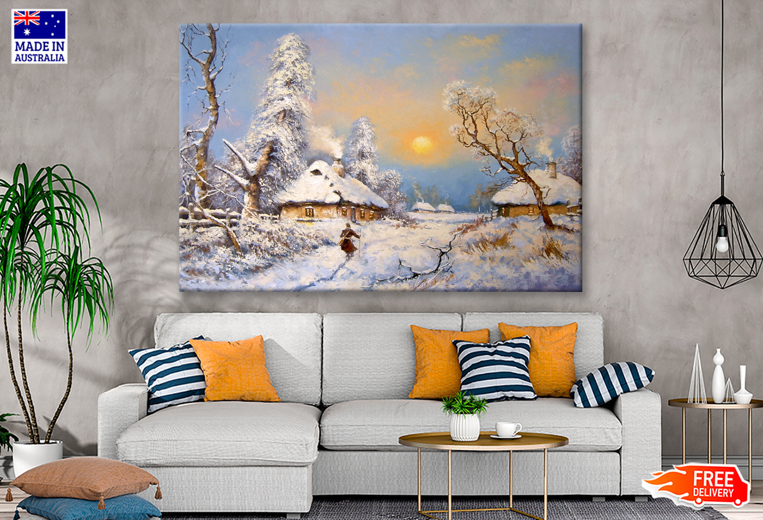 Winter in Village & Trees Sunset Sky Oil Painting Wall Art Limited Edition High Quality Print