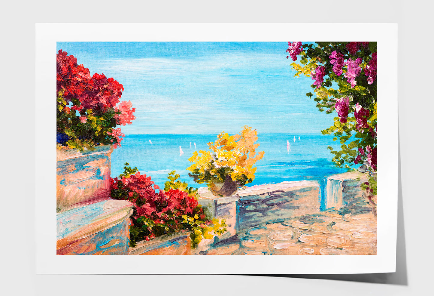 Terrace Near The Sea & Flowers Oil Painting Wall Art Limited Edition High Quality Print Unframed Roll Canvas None