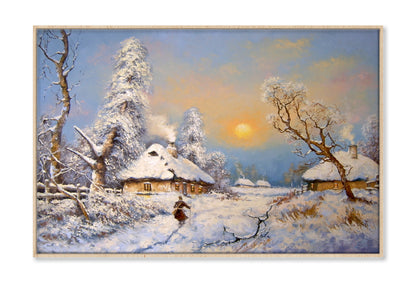 Winter in Village & Trees Sunset Sky Oil Painting Wall Art Limited Edition High Quality Print Canvas Box Framed Natural