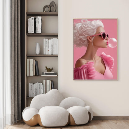 Pink Stylish Woman Blowing Bubbles Fashion Home Decor Premium Quality Poster Print Choose Your Sizes