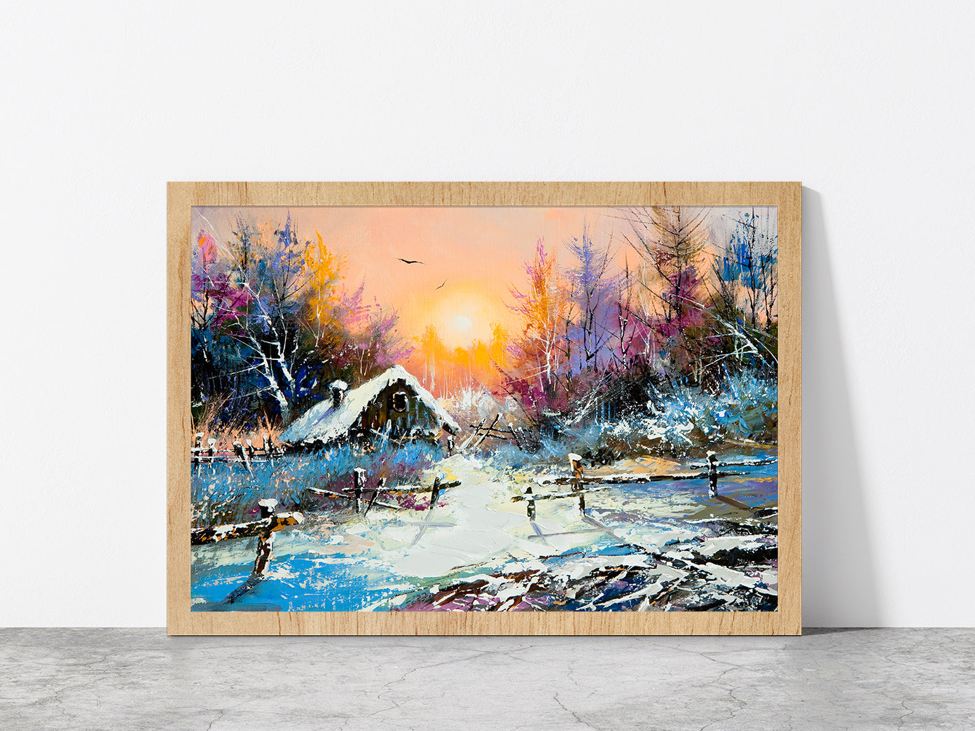 Rural Winter & Sunrise Landscape Painting Glass Framed Wall Art, Ready to Hang Quality Print Without White Border Oak