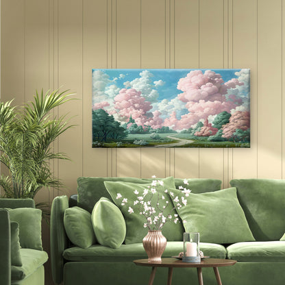 Pink Cloud Meadow Garden Path Wall Art Canvas Office Home Room Framed 120x60 cm