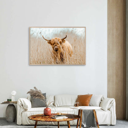 Rustic Farmhouse Highland Cow with Neutral Toned Wheat Field Wall Art Decor 100% Australian Made