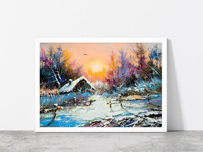 Rural Winter & Sunrise Landscape Painting Glass Framed Wall Art, Ready to Hang Quality Print Without White Border White