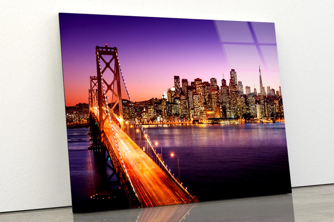 San Francisco Skyline and Bay Bridge at Sunset, California  Acrylic Glass Print Tempered Glass Wall Art 100% Made in Australia Ready to Hang