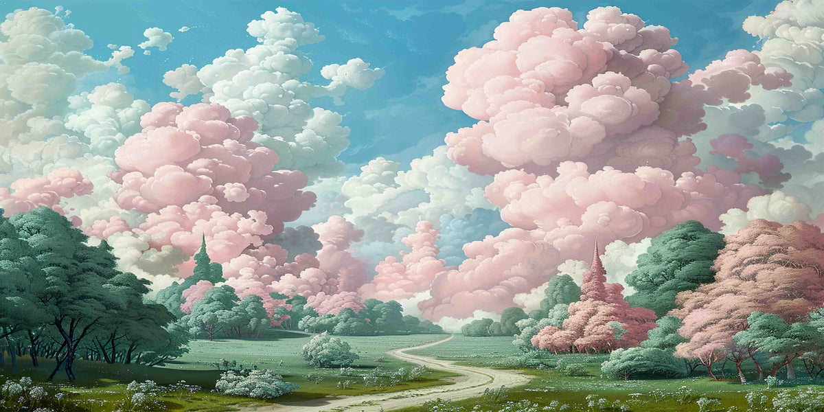Pink Cloud Meadow Garden Path Wall Art Canvas Office Home Room Framed 120x60 cm