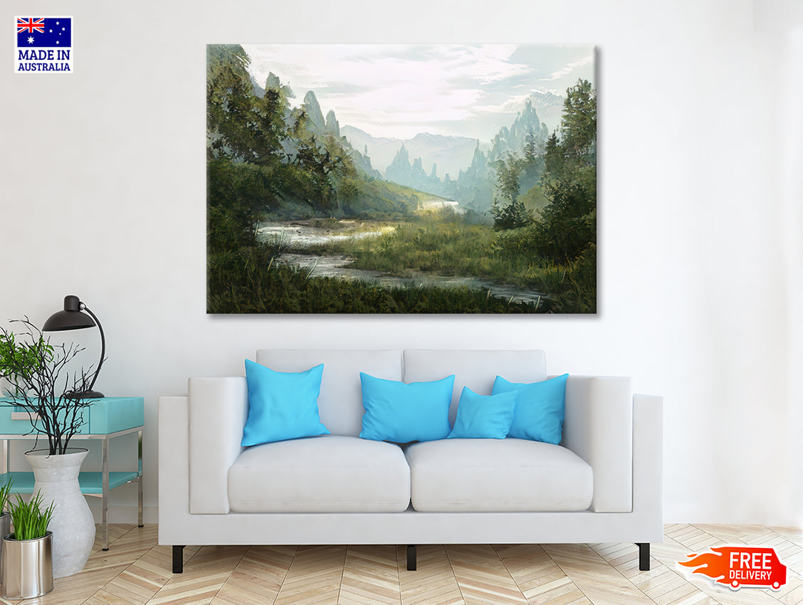 A River Flowing a Valley with Trees & Mountains Print 100% Australian Made