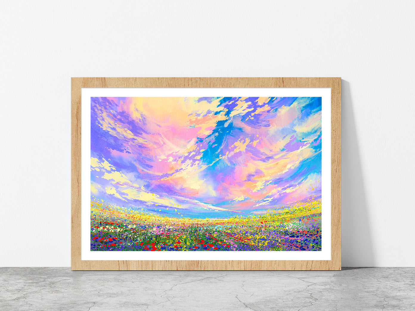 Colorful Flowers In Field Under Beautiful Clouds Glass Framed Wall Art, Ready to Hang Quality Print With White Border Oak