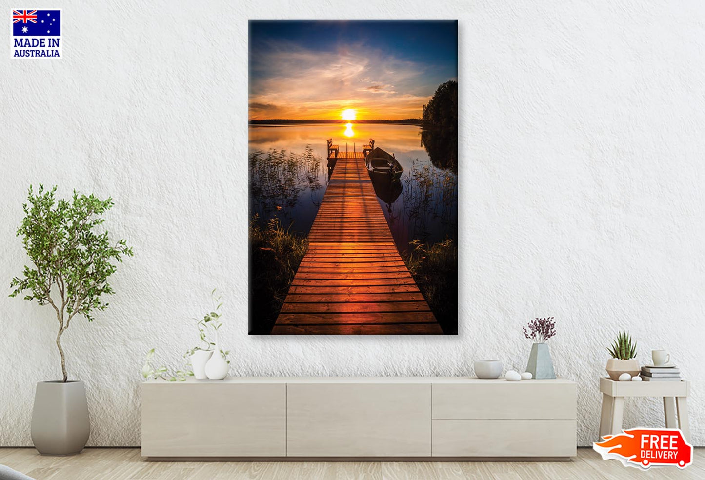 Sunset Over the Fishing Boat & Pier Wall Art Decor 100% Australian Made