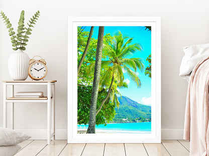 Seascape View Seychelles La Digue Island Photograph Glass Framed Wall Art, Ready to Hang Quality Print With White Border White