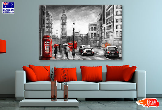 B&W Big Ben Street View with Red Bus & Booth Painting Wall Art Limited Edition High Quality Print