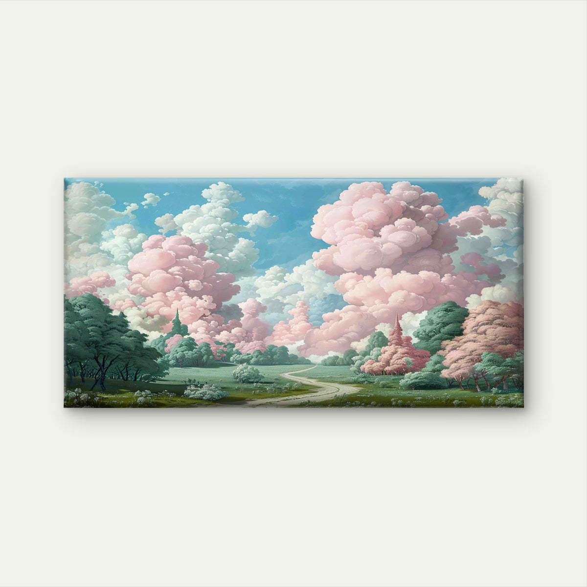 Pink Cloud Meadow Garden Path Wall Art Canvas Office Home Room Framed 120x60 cm