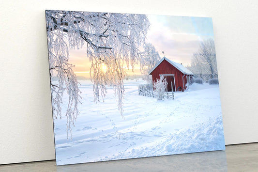 Winter View Of a Red Barn at Sunset in Rusko, Finland Acrylic Glass Print Tempered Glass Wall Art 100% Made in Australia Ready to Hang