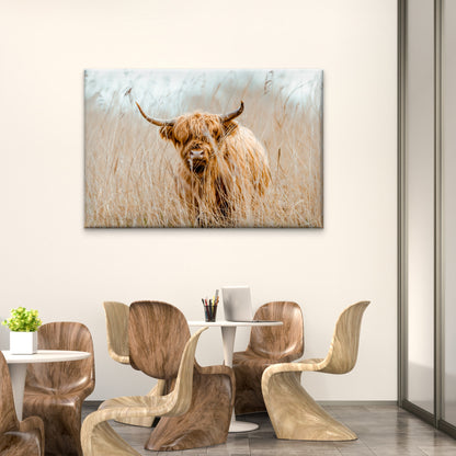 Rustic Farmhouse Highland Cow with Neutral Toned Wheat Field Wall Art Decor 100% Australian Made