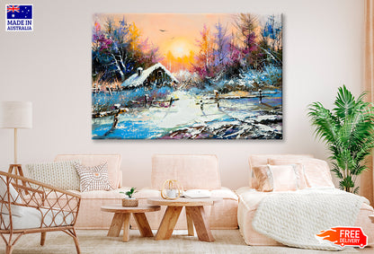 Rural Winter & Sunrise Landscape Painting Wall Art Limited Edition High Quality Print