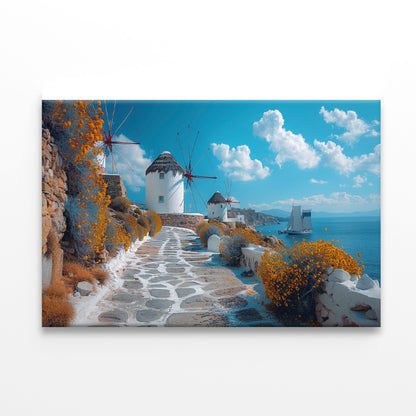 Path with a Boat & Buildings in Greece Print 100% Australian Made