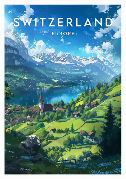 Switzerland Geneva Lake & Swiss Alps Vibrant European Mountain Travel Poster Print Wall Art