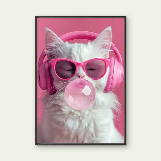 Adorable White Kitty Blowing Pink Bubble Gum Art Fashion Home Decor Premium Quality Poster Print Choose Your Sizes