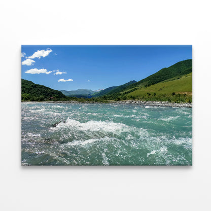 A River Flowing Through Green Hills with Mountains Print 100% Australian Made