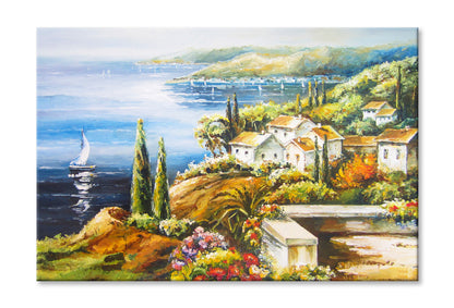 Sailing Boat on Sea Coast near Village Houses Painting Wall Art Limited Edition High Quality Print Stretched Canvas None