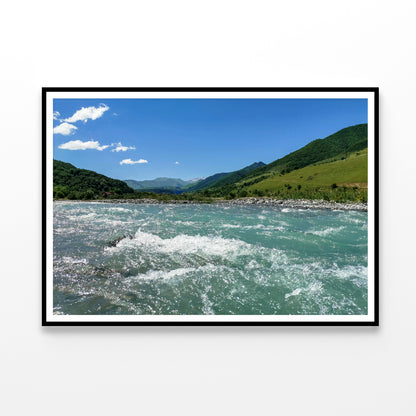 A River Flowing Through Green Hills with Mountains Home Decor Premium Quality Poster Print Choose Your Sizes